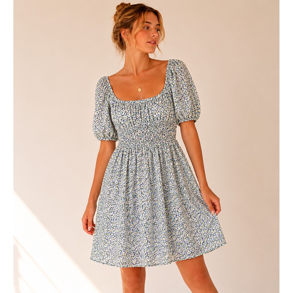 Elodie Smocked Floral Dress Womens Size L Blue Cottagecore Milkmaid Prairie